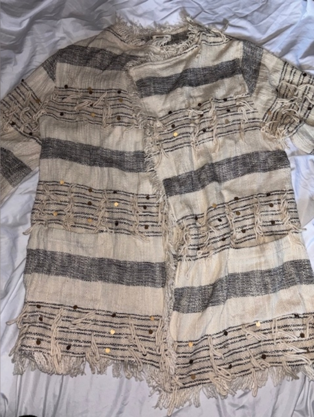 Cost Plus World Market Cream & Gray Fringed Open Cardigan
